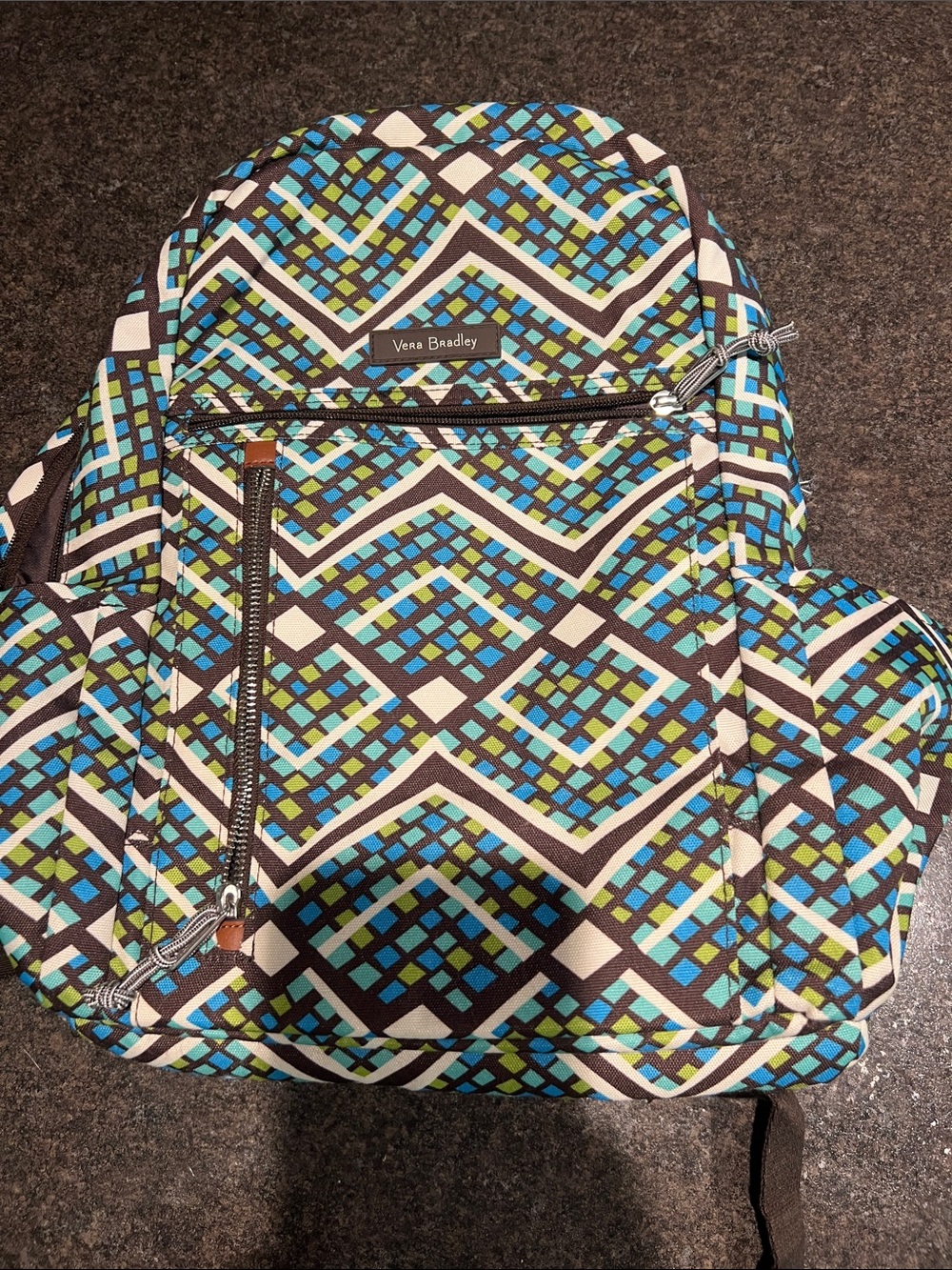 Vera Bradley Quilted Backpack in Blue, Green & Cream Geometric Print